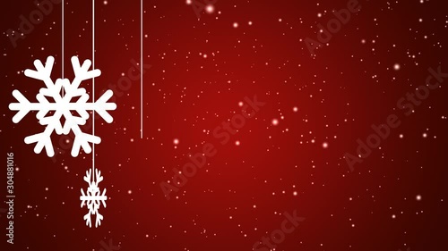 White abstract snowflakes slowly rotating on falling down snow background over red gradient - christmas, winter or new year template, loopable
