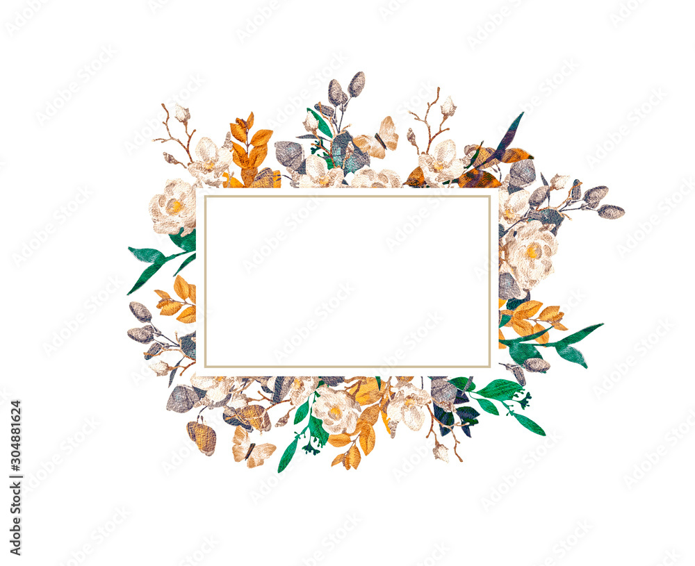 Fototapeta premium Hand-painted watercolor floral wreath on white background.Wreath, floral frame, watercolor flowers, peonies and roses, Illustration hand painted. Isolated on white background.