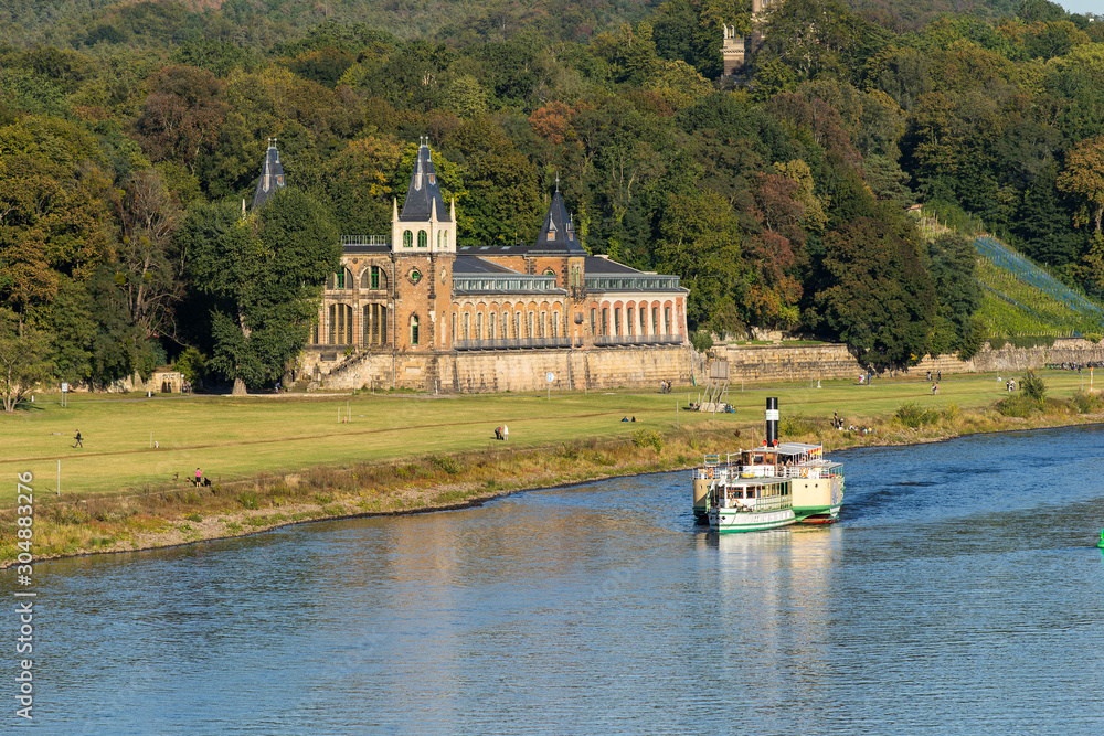 Elbwiesen sunny late summer day old waterworks white river boat Elbe river  Stock Photo | Adobe Stock