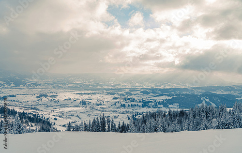 Beautiful panorama of snowy mountains landscape with snow covered forest. Christmas background with tall frozen spruce trees. Alpine ski resort. Winter greeting background. Happy New Year, toning