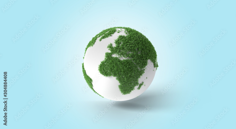 Ecology concept of green Earth globe made of leaves on blue gradient background, 3d render