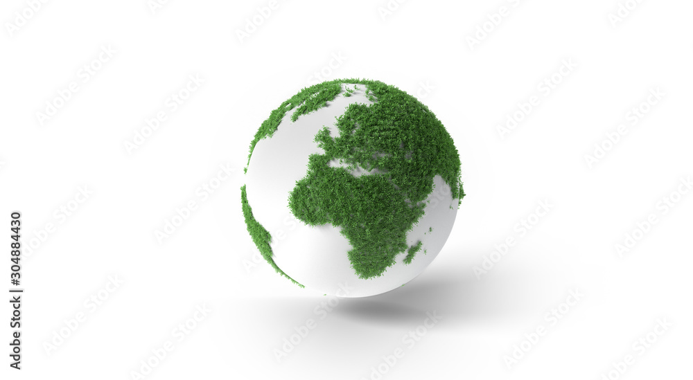 Ecology concept of green Earth globe made of leaves on white background with shadow, 3d render