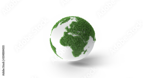Fototapeta Naklejka Na Ścianę i Meble -  Ecology concept of green Earth globe made of leaves on white background with shadow, 3d render