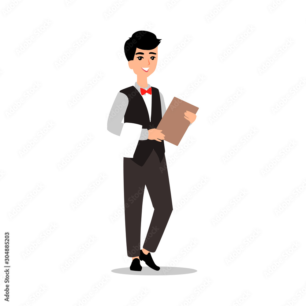 waiter wearing the uniform holding a dish of chicken cartoon character. Set of fun flat cartoon person. Isolated on white background. waiter wearing the uniform holding a dish of chicken cartoon character. Set of fun flat cartoon person. Isolated on white background.
