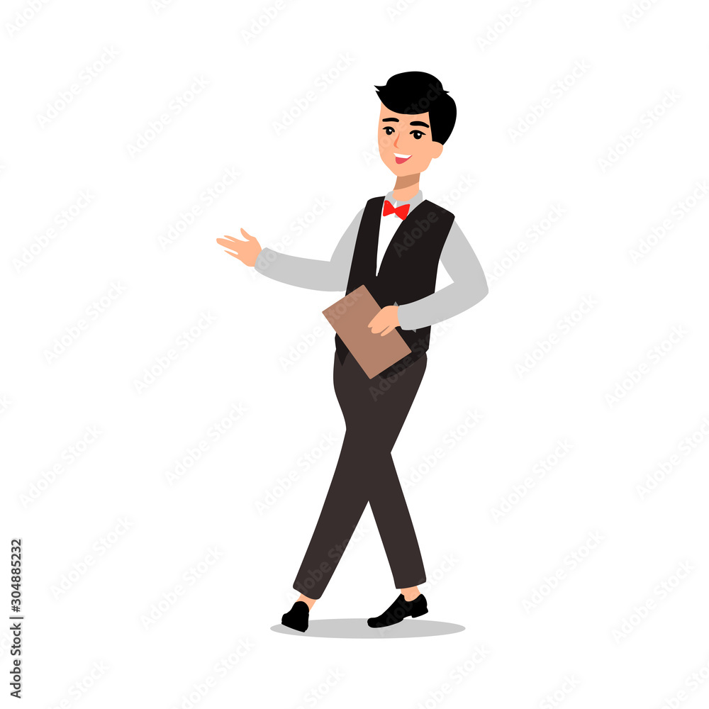 waiter wearing the uniform holding a dish of chicken cartoon character. Set of fun flat cartoon person. Isolated on white background. waiter wearing the uniform holding a dish of chicken cartoon character. Set of fun flat cartoon person. Isolated on white background.