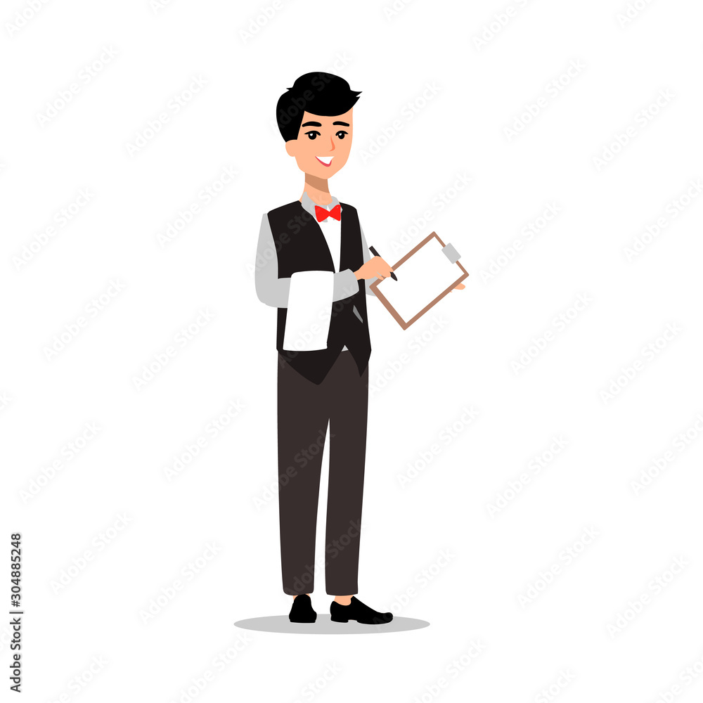 waiter wearing the uniform holding a dish of chicken cartoon character. Set of fun flat cartoon person. Isolated on white background. waiter wearing the uniform holding a dish of chicken cartoon character. Set of fun flat cartoon person. Isolated on white background.