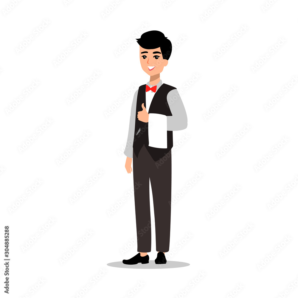 waiter wearing the uniform holding a dish of chicken cartoon character. Set of fun flat cartoon person. Isolated on white background.