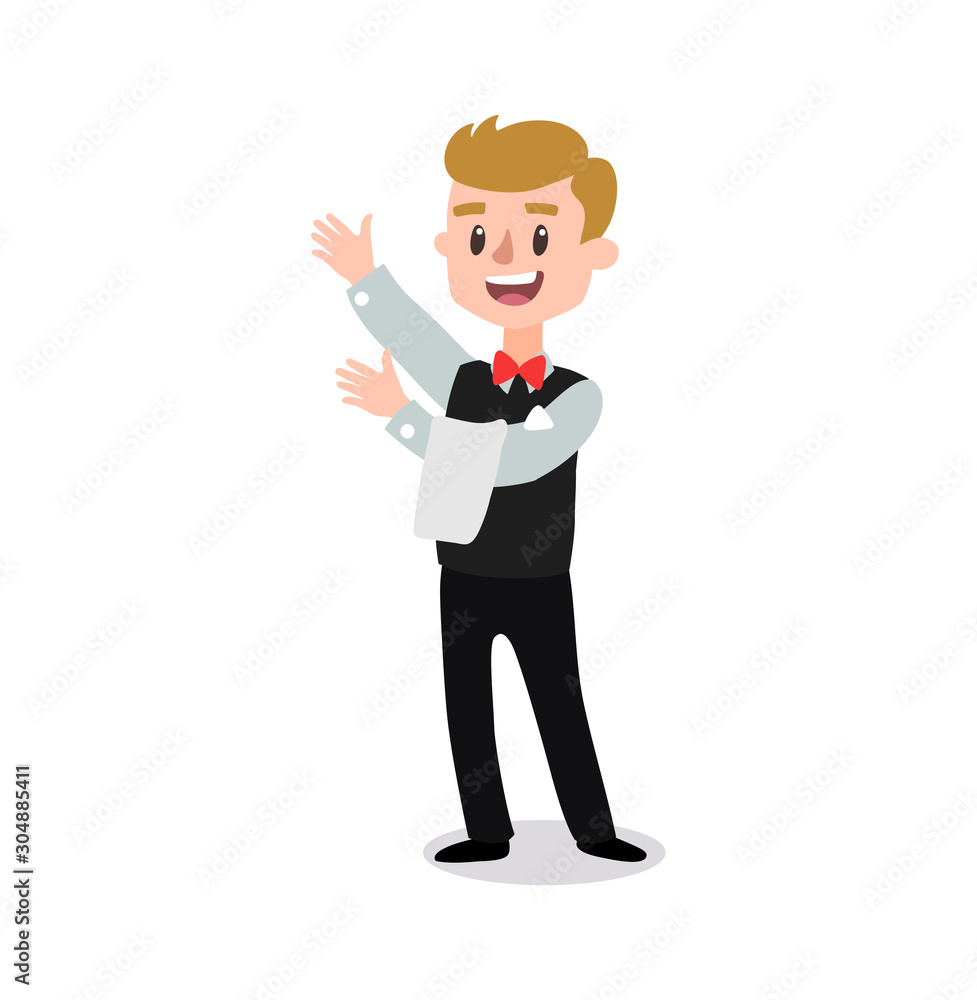 waiter wearing the uniform holding a dish of chicken cartoon character. Set of fun flat cartoon person. Isolated on white background. waiter wearing the uniform holding a dish of chicken cartoon character. Set of fun flat cartoon person. Isolated on white background.