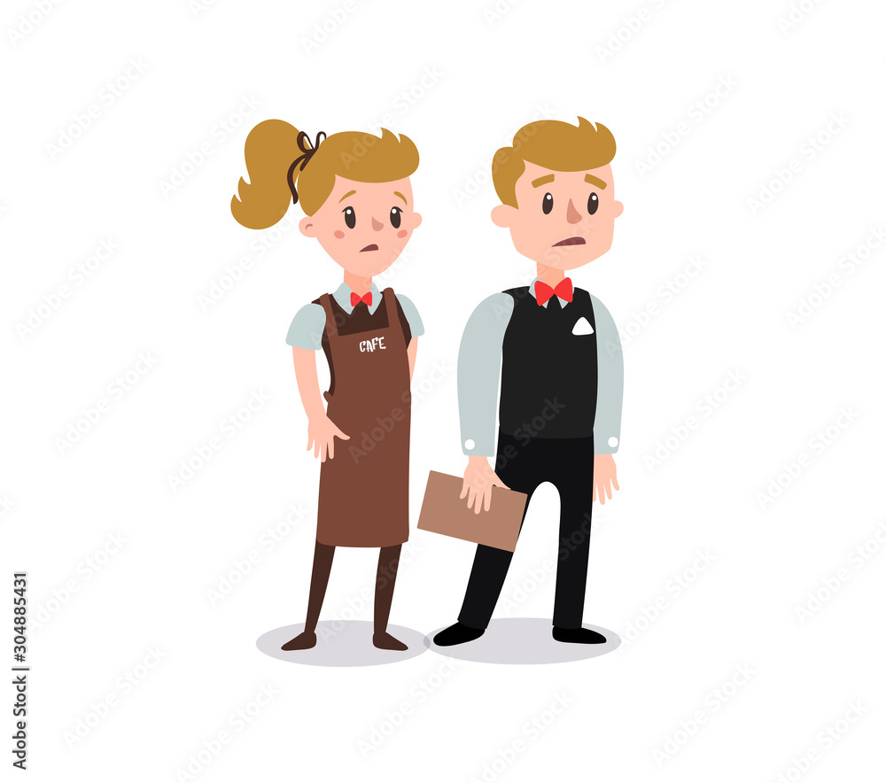 Couple of waiters wearing the uniform holding a dish of chicken cartoon character. Set of fun flat cartoon person. Isolated on white background. Couple of waiters wearing the uniform holding a dish of chicken cartoon character. Set of fun flat cartoon person. Isolated on white background.