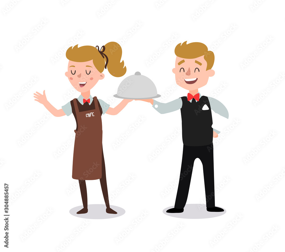 Couple of waiters wearing the uniform holding a dish of chicken cartoon character. Set of fun flat cartoon person. Isolated on white background. Couple of waiters wearing the uniform holding a dish of chicken cartoon character. Set of fun flat cartoon person. Isolated on white background.