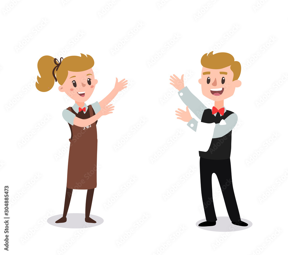 Couple of waiters wearing the uniform holding a dish of chicken cartoon character. Set of fun flat cartoon person. Isolated on white background. Couple of waiters wearing the uniform holding a dish of chicken cartoon character. Set of fun flat cartoon person. Isolated on white background.