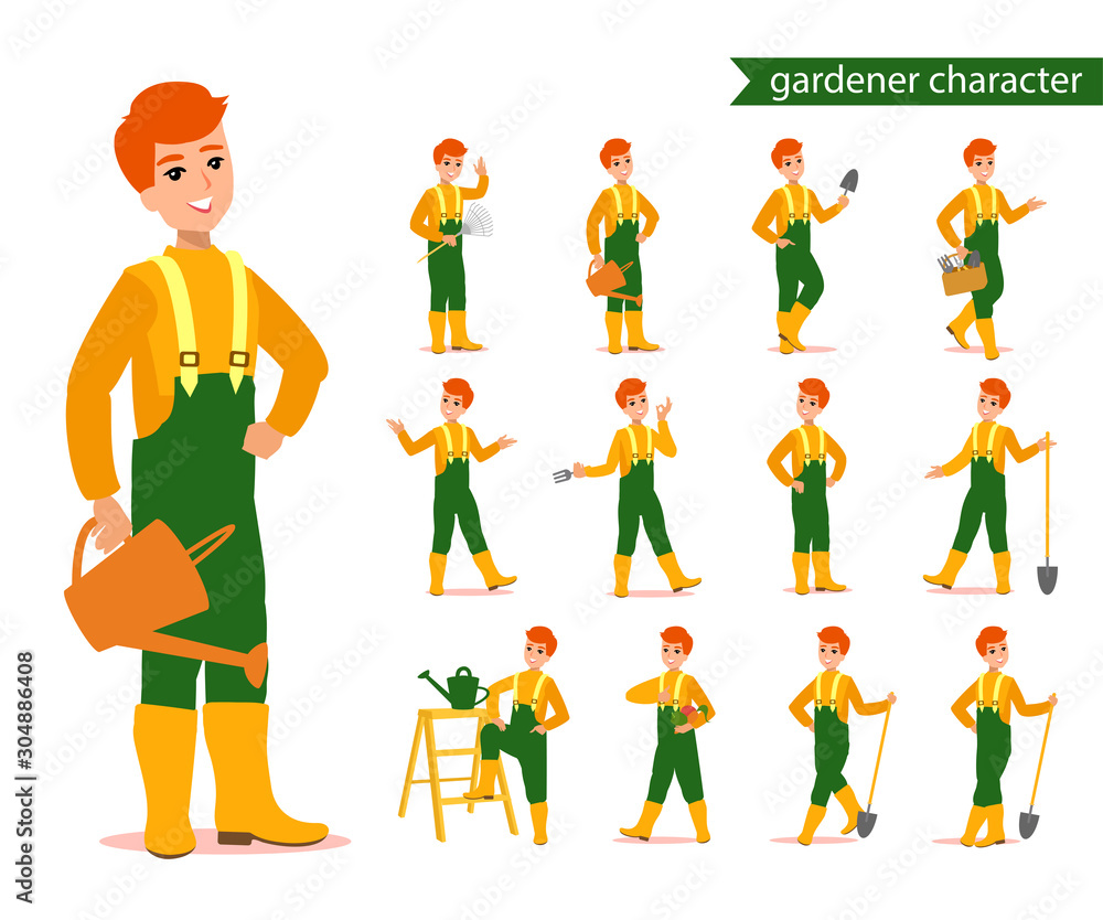 Attractive gardener. Funny character design. Cartoon illustration. Garden care concept creator. Female groundskeeper personage.