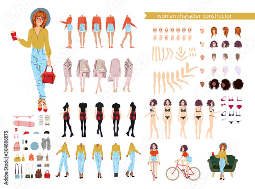 Fototapeta Naklejka Na Ścianę i Meble -  Animate character. Young lady character constructor. Different woman postures, hairstyle, face, legs, hands, clothes, accessories collection. Vector cartoon illustration.