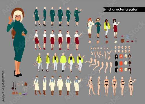 Animate woman character. Young lady personage constructor. Different postures, hairstyle, face, legs, hands, clothes, accessories collection. Set vector person. Girlfriends.Cartoon animated personas.