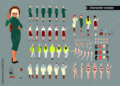  Animate woman character. Young lady personage constructor. Different postures, hairstyle, face, legs, hands, clothes, accessories collection. Set vector person. Girlfriends.Cartoon animated personas
