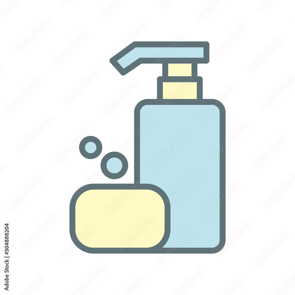 Shampoo bottle and soap icon vector design template flat style isolated on white background Shampoo bottle and soap icon vector design template flat style isolated on white background