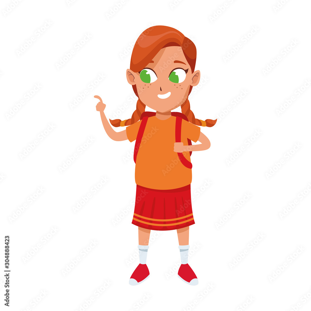 cute girl with school backpack icon, flat design