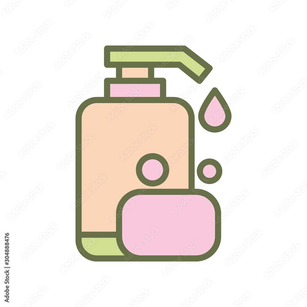 Shampoo bottle and soap icon vector design template flat style isolated on white background Shampoo bottle and soap icon vector design template flat style isolated on white background