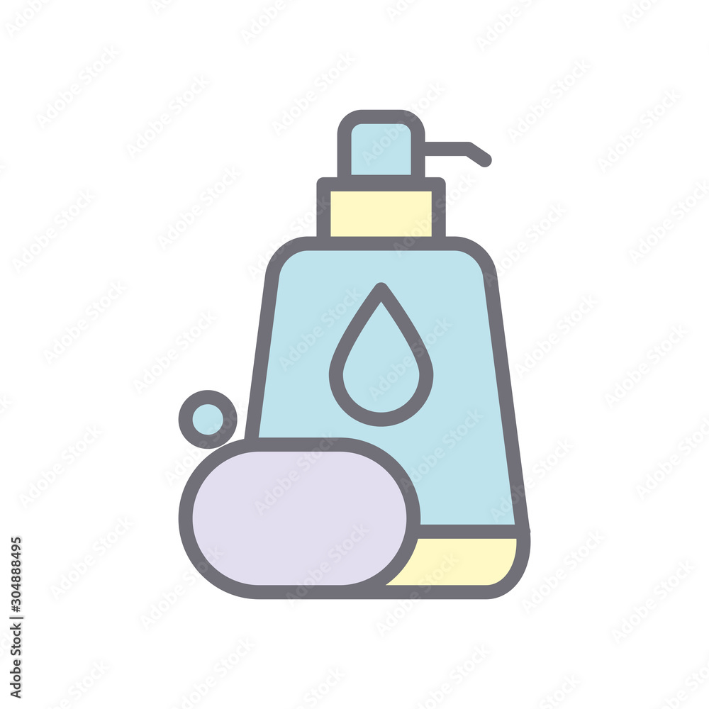 Shampoo bottle and soap icon vector design template flat style isolated on white background Shampoo bottle and soap icon vector design template flat style isolated on white background