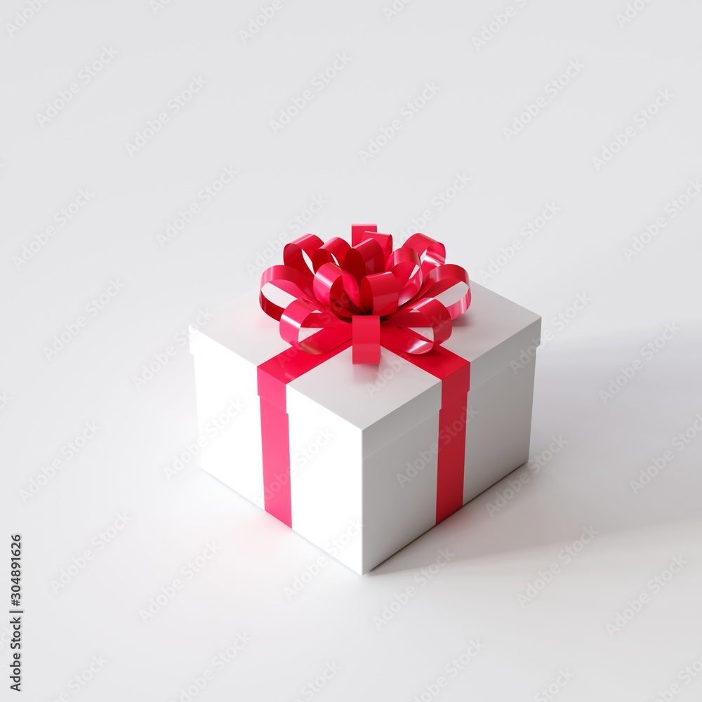 White gift box with red ribbon on white color background. Christmas idea concept. 3D Rendering.