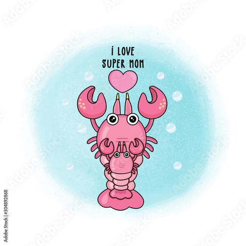 Vector illustration of Cute crayfish cartoon mom and baby. 
