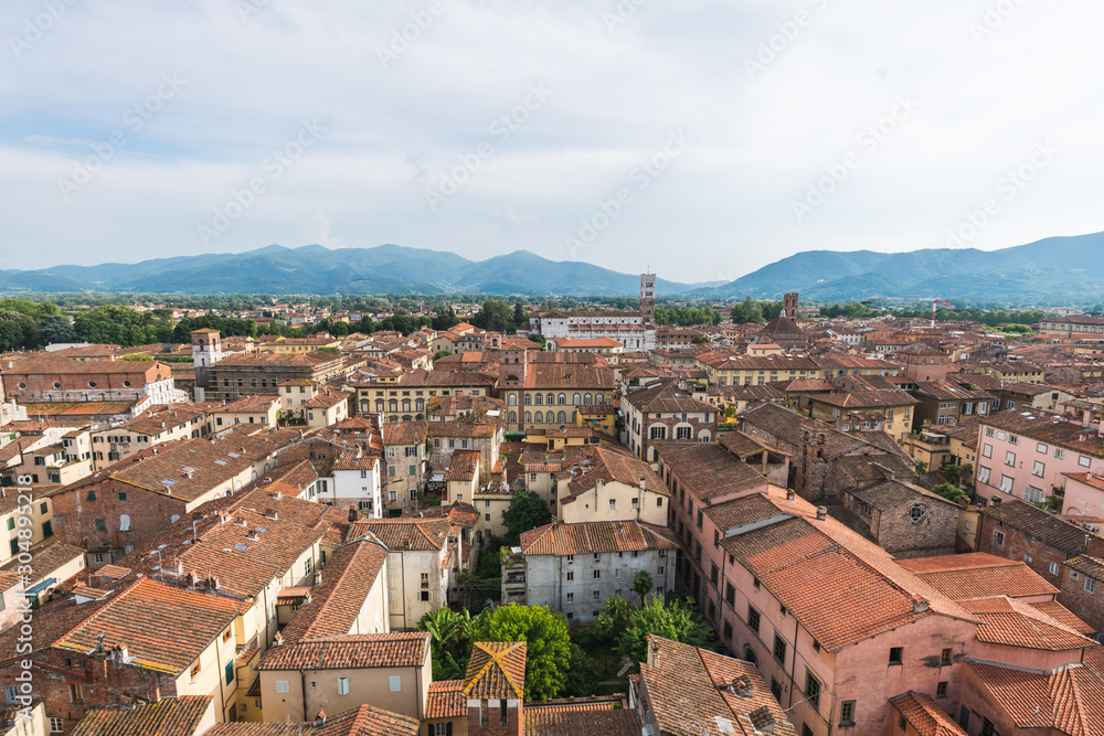 Aerial view of the cityscapes in Lucca, Tuscany, Italy