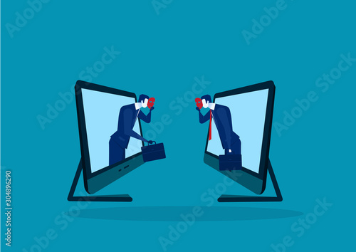  business man and both are holding masks covering their true intentions. Talk conversation deception on laptop computer vector.
