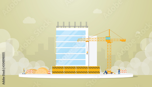 building construction development with team worker engineer and crane with modern flat style - vector