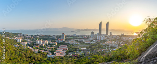 Photography Panorama view of the Conrad Xiamen, Twin Towers/xiamen World Trade in Straits , including the Conrad Xiamen hotel, overlooking the South China Sea in Xiamen (Amoy), China