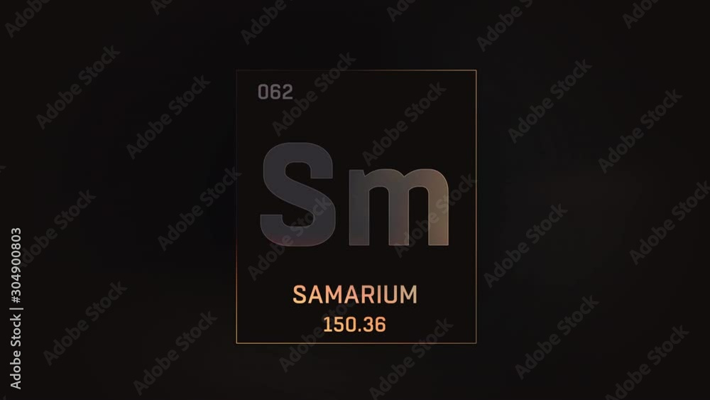 Samarium as Element 62 of the Periodic Table. Seamlessly looping 3D animation on grey illuminated atom design background with orbiting electrons. Design shows name, atomic weight and element number Samarium as Element 62 of the Periodic Table. Seamlessly looping 3D animation on grey illuminated atom design background with orbiting electrons. Design shows name, atomic weight and element number