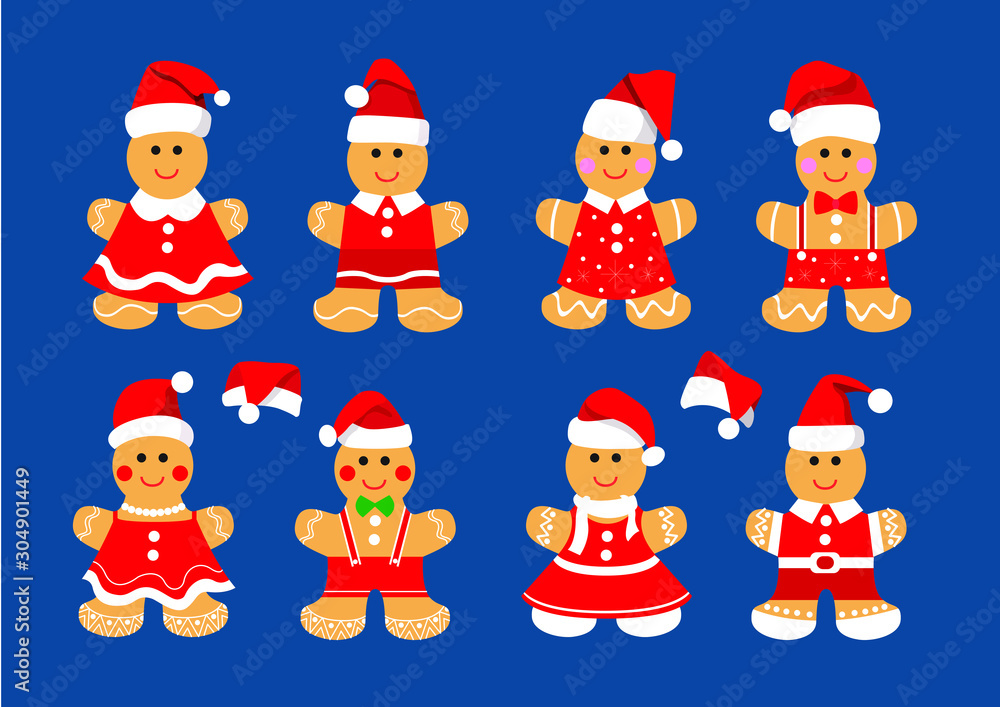 gingerbread cookie santa christmas set decorations and design isolated on blue background illustration vector 