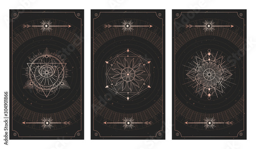 Vector set of three dark backgrounds with sacred symbols, grunge textures and frames. Illustration in black and gold colors.