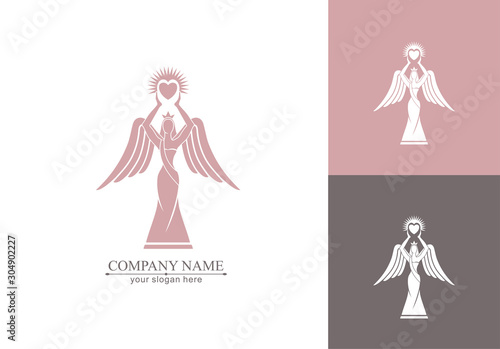 Logo of a woman with wings holding a heart in the hands with rays. Kindness and mercy. Figurine for presentation, template of a beauty contest.