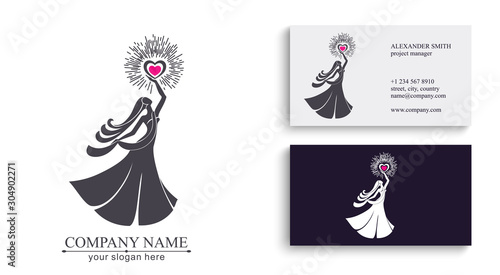 Logo of a woman with her hair in a long dress holding a burning heart in her hands. Vector template for beauty business or competition. Elegance and classic