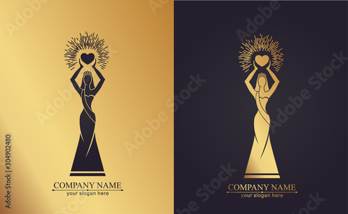 Logo of a woman with her hair in a long dress holding a burning heart in her hands. Vector template for beauty business or competition. Elegance and classic