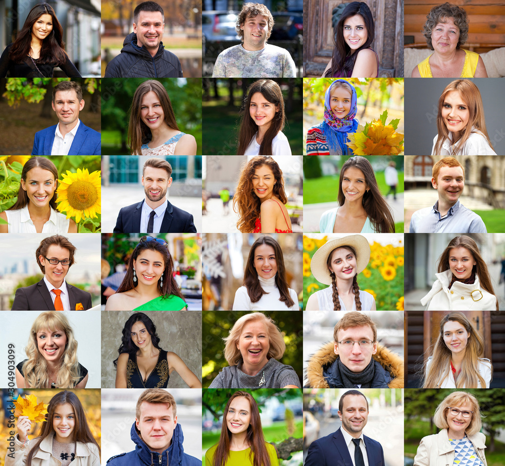 Collage of photos of young and real happy people over 16 years old Collage of photos of young and real happy people over 16 years old
