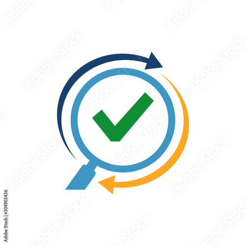 magnifying glass logo design vector illustration. icon of search glass search engine symbol with check mark for verified or good choice company person site etc.
