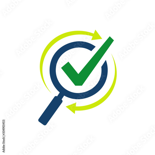 magnifying glass logo design vector illustration. icon of search glass search engine symbol with check mark for verified or good choice company person site etc.