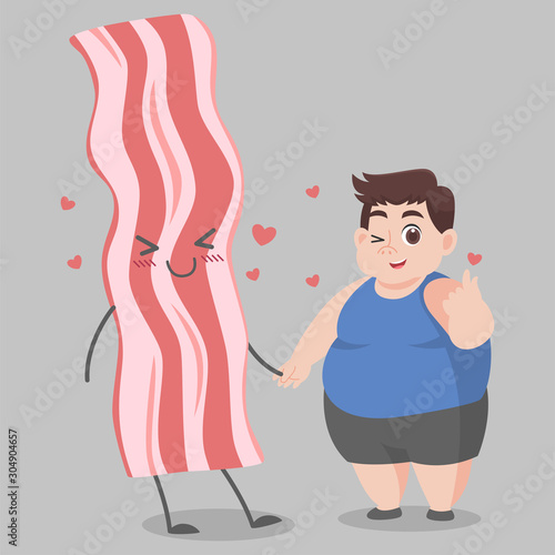 Fat Man love bacon,Ketogenic Diet weight loss Healthcare concept cartoon.