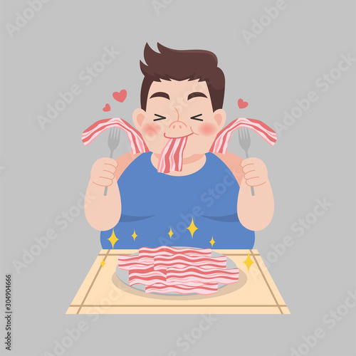 Fat Man love bacon enjoy eating Ketogenic Diet foods weight loss Healthcare concept cartoon.