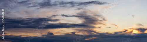 Beautiful Panoramic View of Cloudscape during a colorful summer sunset. Taken on the West Coast of British Columbia, Canada.