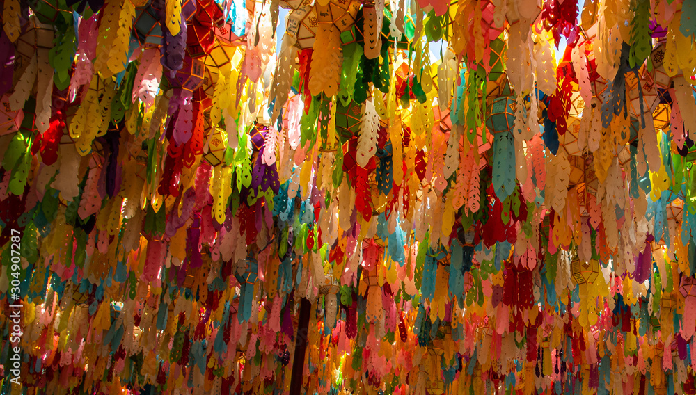 Beautiful colorful hang old style Thai paper lanterns background.
