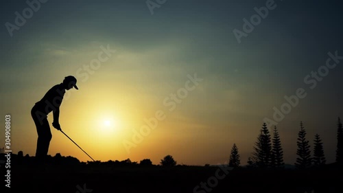 Silhouette Golfing male player T-OFF hitting driver shot par3 for hole in one tournament golf course,  sports relax in holidays summer vacation, cinematic UHD 4k footage