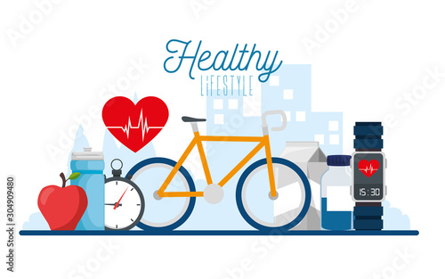 poster healthy lifestyle with bike and icons vector illustration design