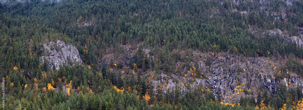 Obraz premium Beautiful Panoramic Landscape View of Canadian Nature during a Cloudy Autumn Day. Taken at Lillooet Lake, Pemberton, British Columbia, Canada.