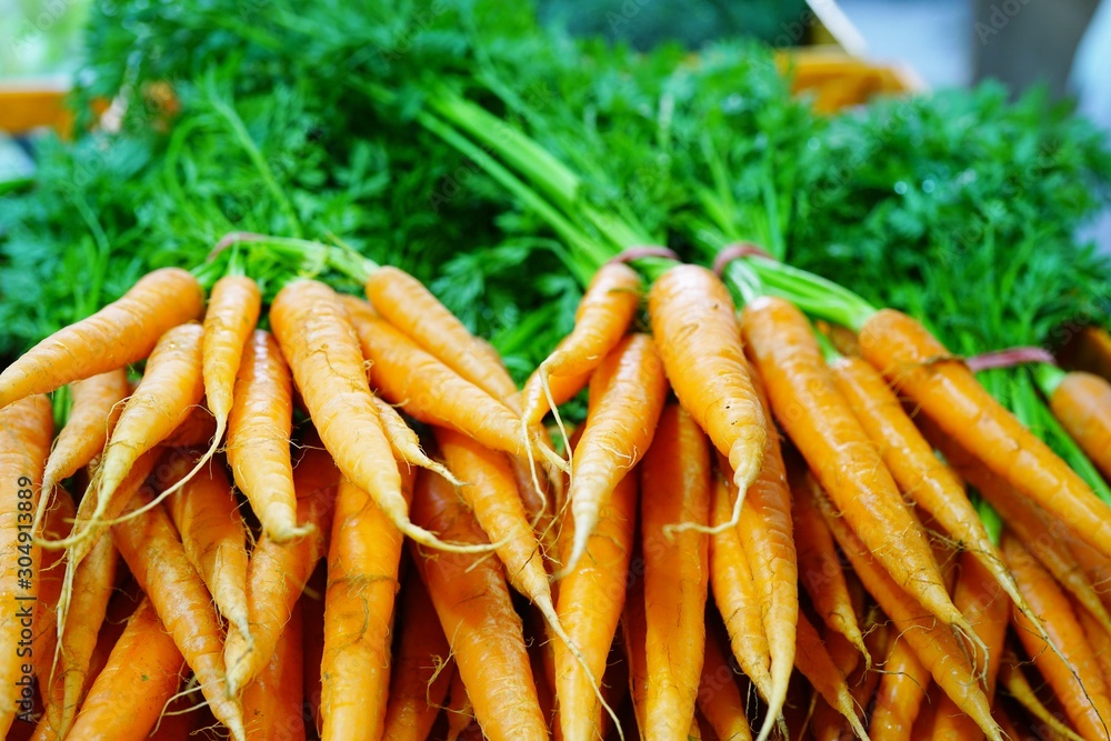 Fresh carrots bunches for sale at a farmers market Fresh carrots bunches for sale at a farmers market
