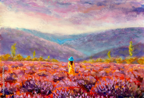 Original impressionism painting Provence, France. Girl woman in yellow dress and hat walking trough lavender fields at sunset warm summer romantic landscape.