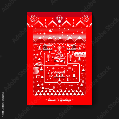 Fantastica tarjeta navideña roja de casas y familias 