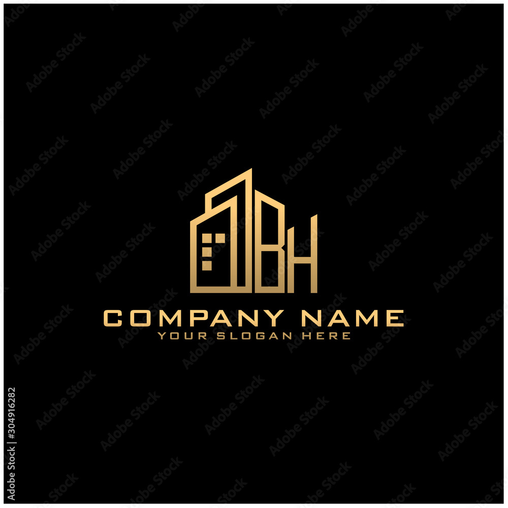 Letter BH With Building For Construction Company Logo
