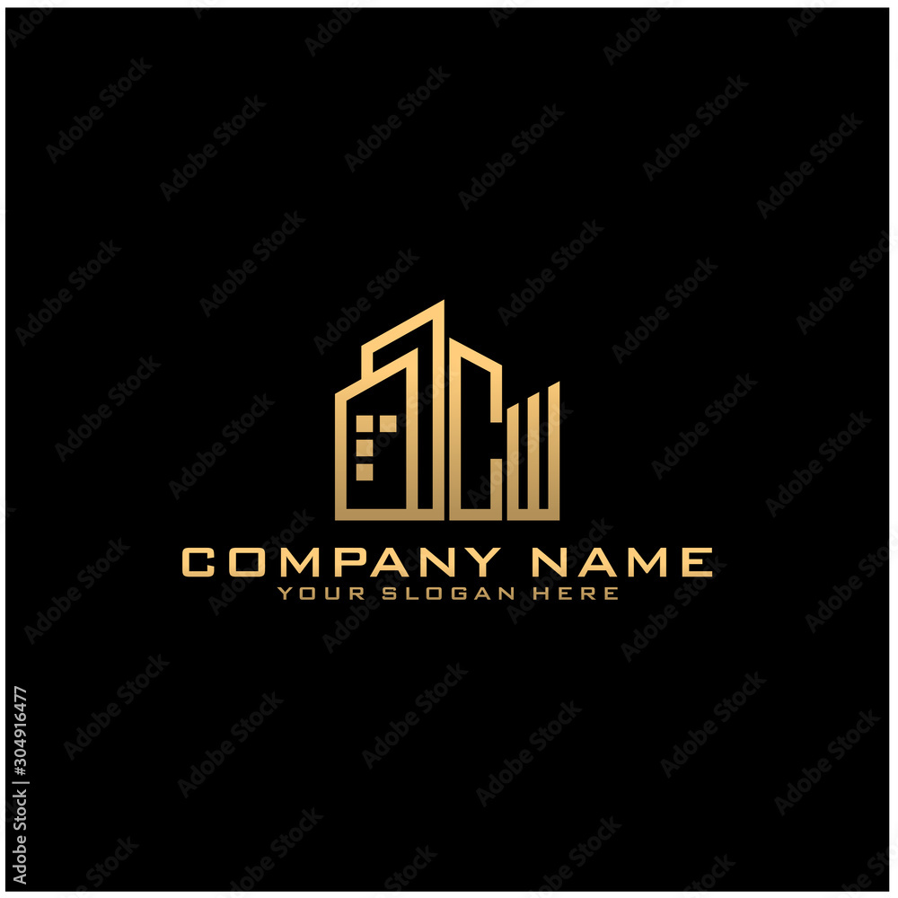 Letter CW With Building For Construction Company Logo